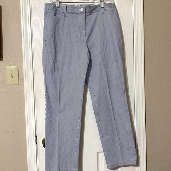 Talbots Stretch Cotton Chino Pants Size 10 Blue White Pinstripe Seersucker Style - Picture 1 of 10